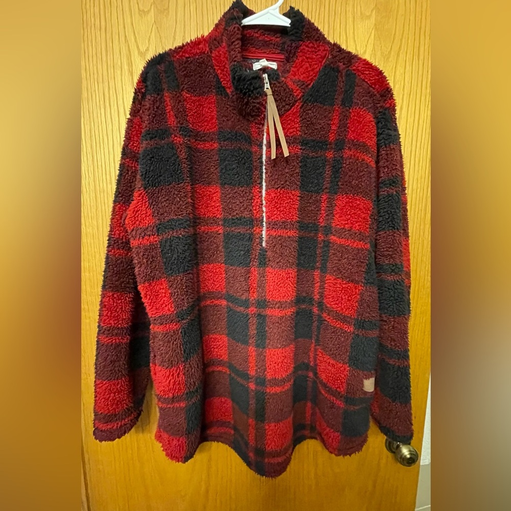 Deep Red and Black Plaid Shaggy Pullover Sweater